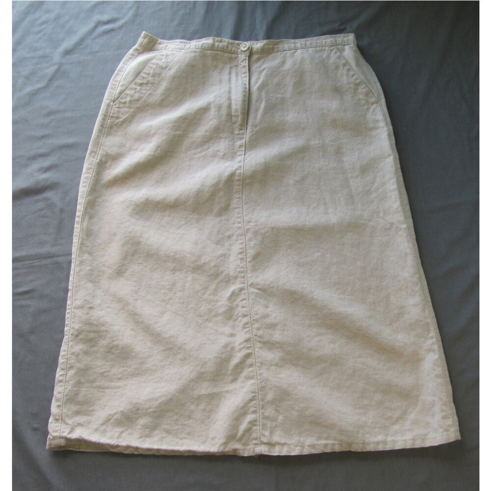 LL Bean 100% Linen Beige Midi Pencil Skirt Back Slit Women's 16 Classic Summer